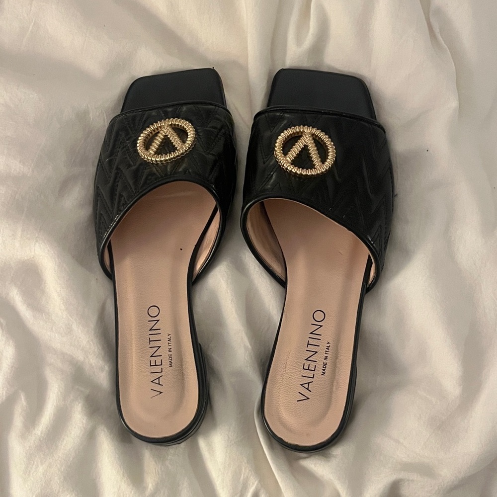 Valentino Black and Gold Slide Sandals